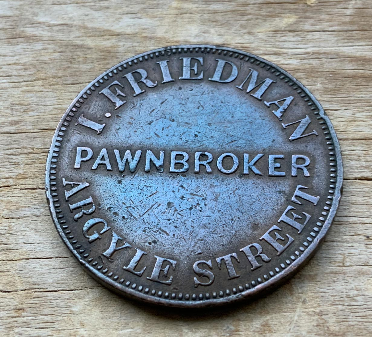 early 1857 advertising token coin for I Friedman Tasmania Australia Pawnbroker C272